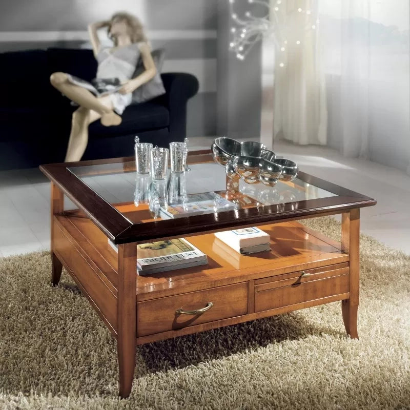 Tavolino quadrato classico 2 cassetti 2 tiretti legno bicolore 90x90x48 - Mobili 2G