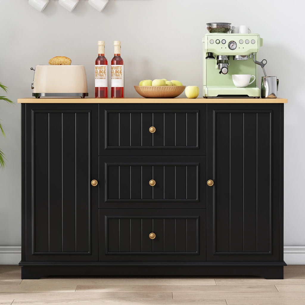 Credenza e madia moderna con 3 cassetti e ante, per soggiorno e sala da pranzo, in MDF, nero, 126 × 40 × 86 cm