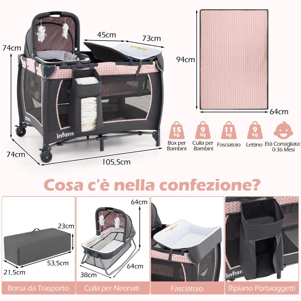 Lettino pieghevole con fasciatoio materasso con cestino e borsa da trasporto, Centro attivit¨¤ per bambini 5 in 1 Rosa-Culle