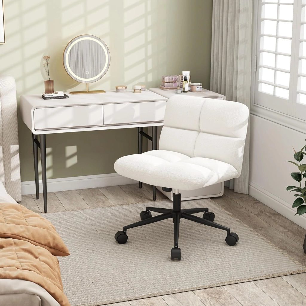 Sedia da ufficio con altezza regolabile, con 5 ruote, 73 x 69 x 79-87 cm, sedia girevole con gambe incrociate e seduta imbottita, sedia senza braccioli, per soggiorno, studio (beige)