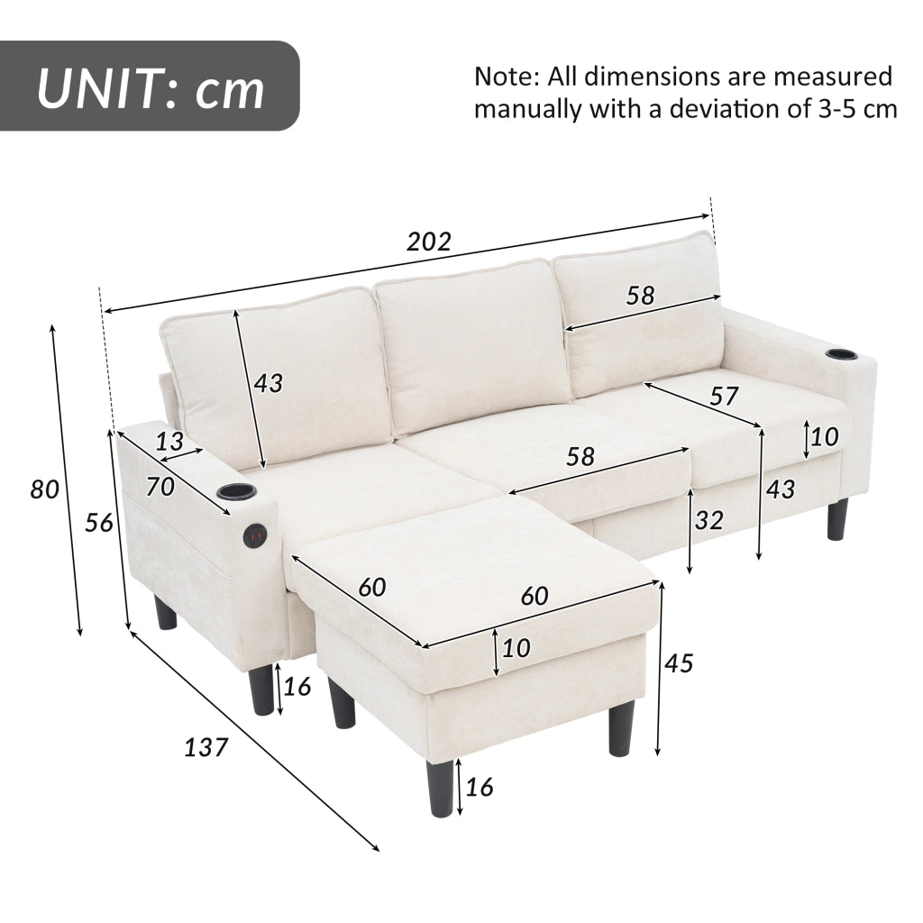 Divano Angolare 3 Posti con USB, Porta Type-C, Pouf Modulare e Portabicchieri, in Lino, Beige