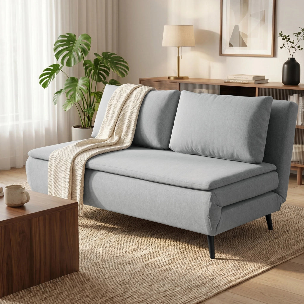 Divano Letto 2 Posti 135x90x78 cm con 2 Cuscini Struttura in Legno e Acciaio in Tessuto Effetto Lino Grigio Chiaro