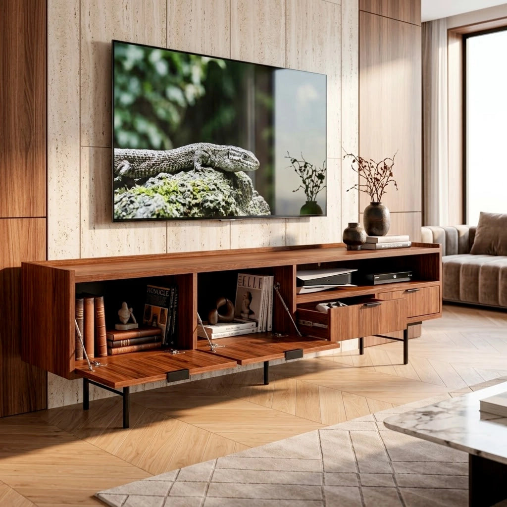 Mobile Porta TV Con 2 Ante A Ribalta 2 Cassetti Vano A Giorno Con Passacavo Design Moderno In Melaminico Per Soggiorno Salotto Zona Living 200 X 40 X 55 Cm Noce