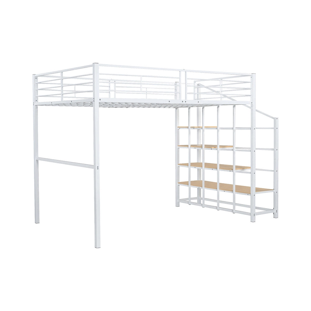 Lit mezzanine superpos?? 140x200 cm - Xylo - Metallo con spazio di archiviazione e scala, bianco