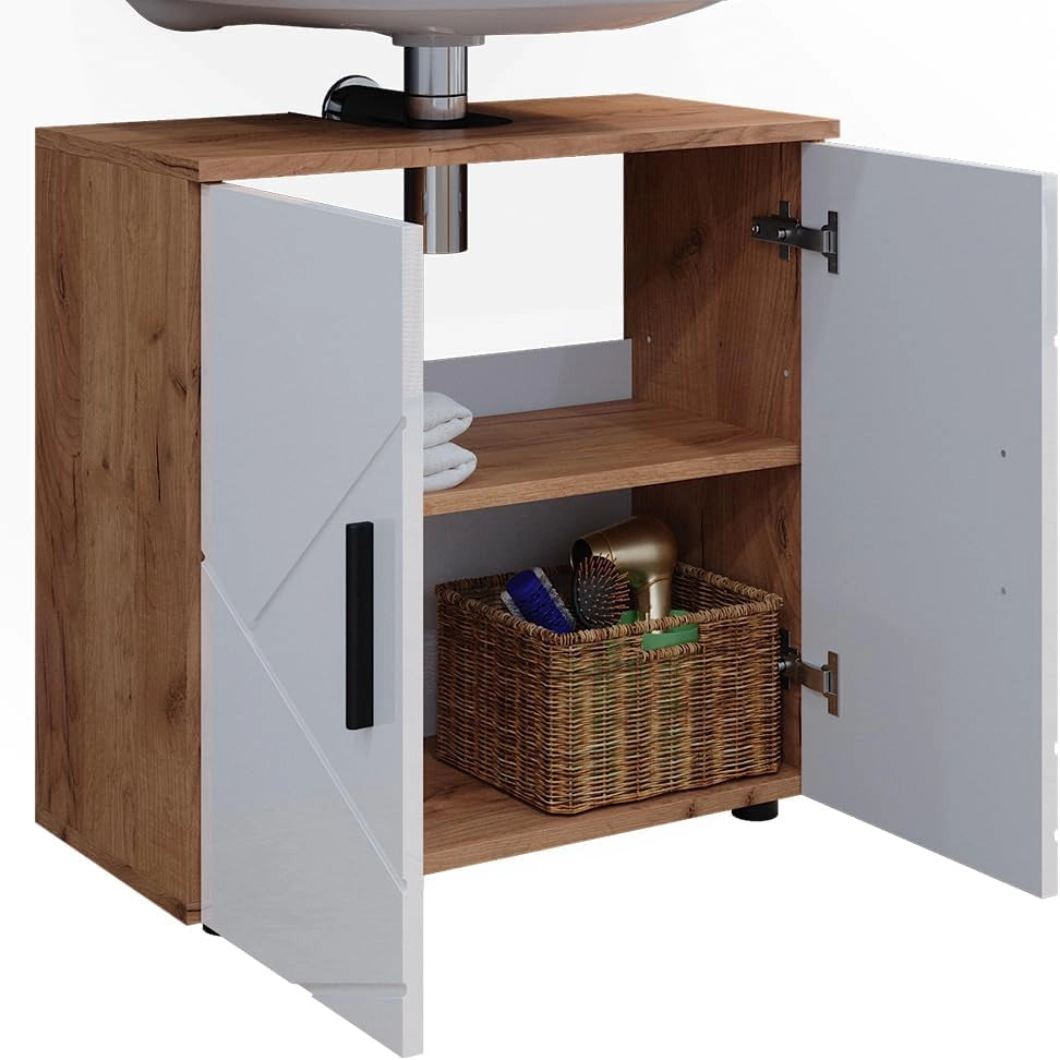 Mobile sottolavabo per bagno Irma, Bianco lucido/oro power oak, 60 x 59 cm, con ritaglio per sifone e ripiano interno per conservazione