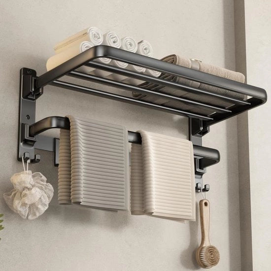 Organizzatore di asciugamani da bagno 60 cm pieghevole - installazione a parete - nero