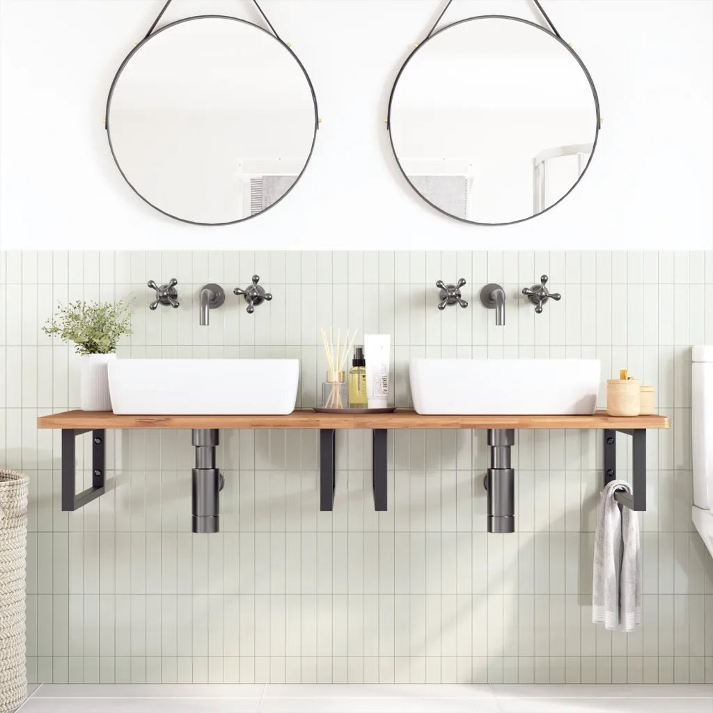 Ripiano a Parete per Lavabo in Acciaio e Massello di Faggio