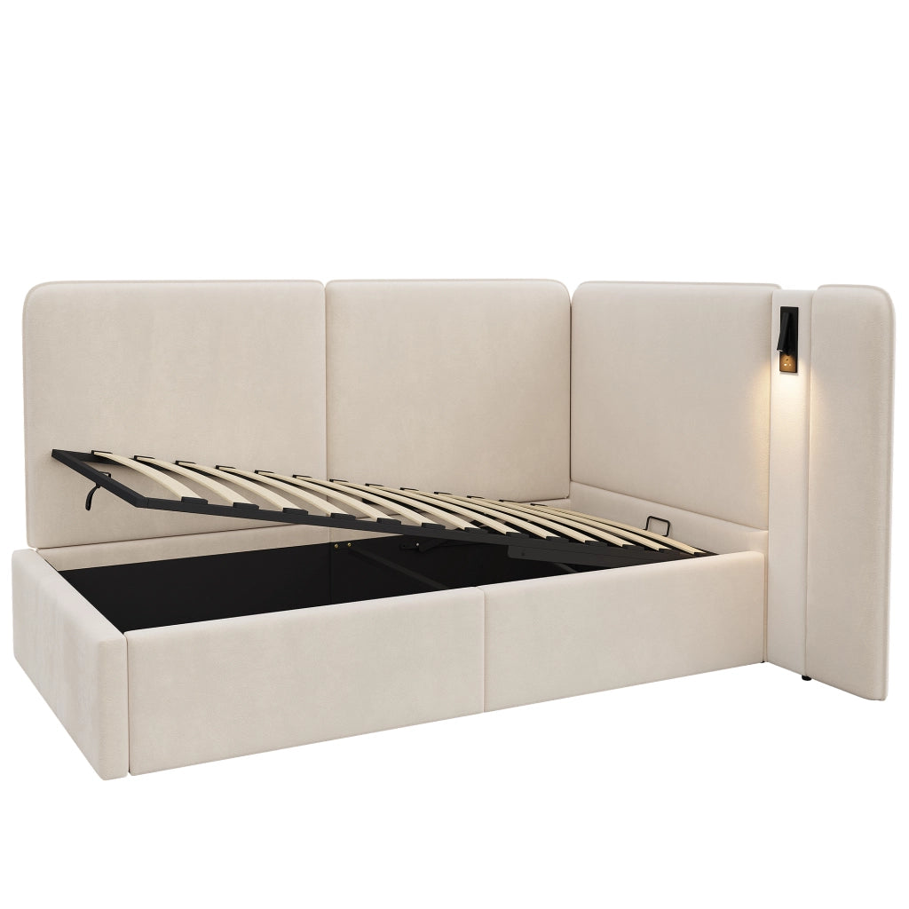 Letto Imbottito con Contenitore Idraulico ¨C MINIMAL ¨C Velluto Beige 90x200, USB
