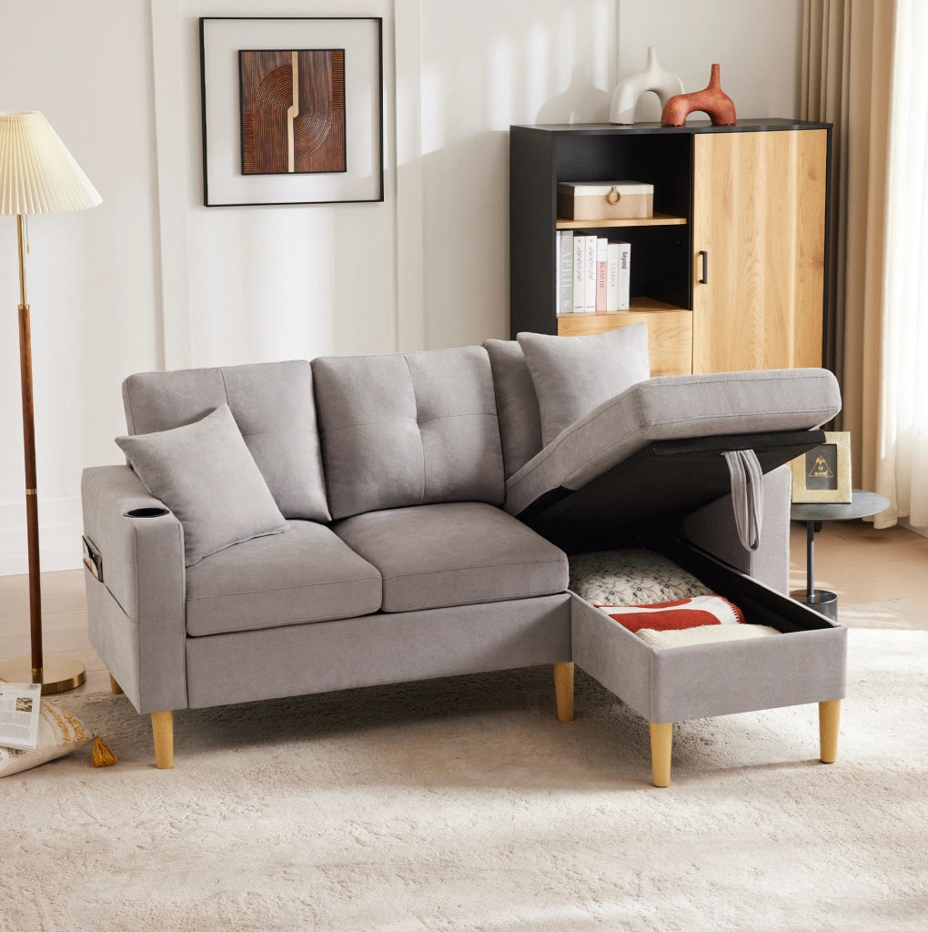 Divano con chaise longue 175x129x90 cm con contenitore e portabicchieri in cotone e lino grigio chiaro
