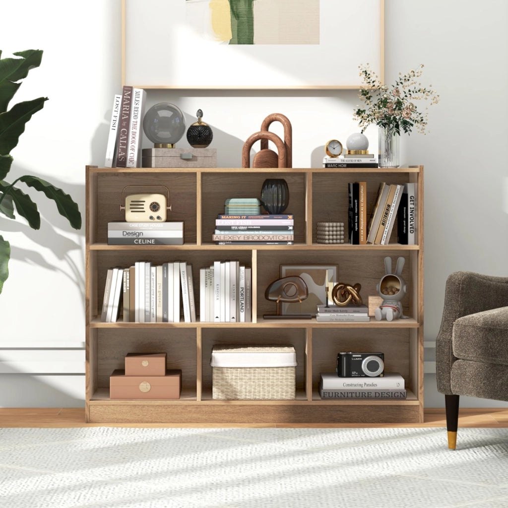 Libreria a 3 livelli in legno, Mobiletto espositore moderno a 8 cubi da salotto camera da letto studio Naturale-Librerie