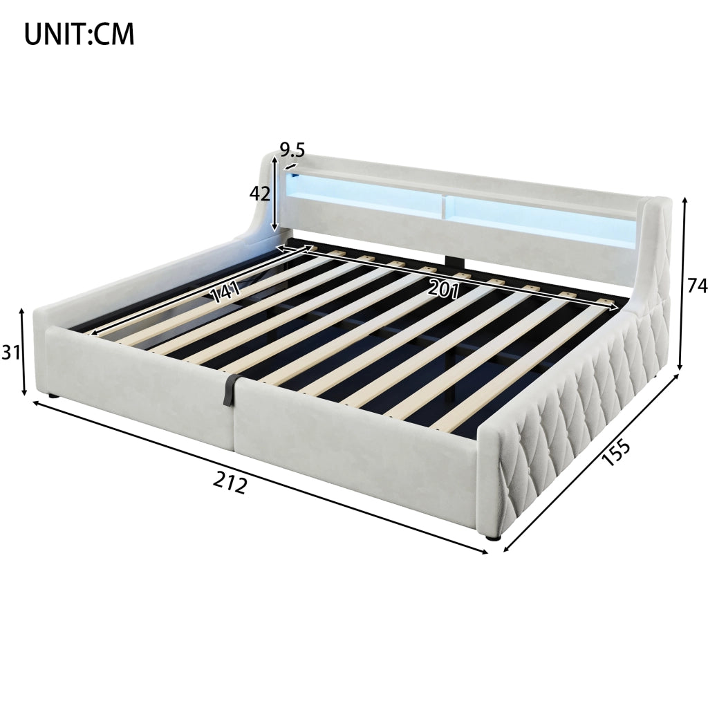 Letto Singolo 140x200 cm; 1 Posto - Contenitore e LED - in Flanella - Off White