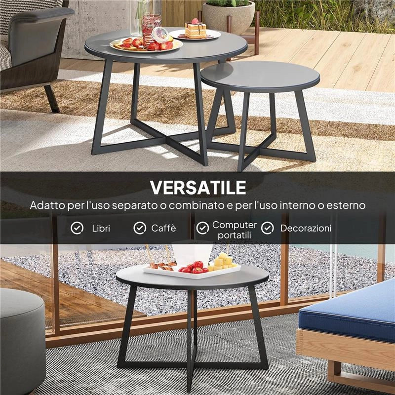 SET 2 TAVOLINI PER ESTERNI CON PIANO IN VETRO TEMPERATO Ø 70X45 CM E Ø 50X35 CM GRIGIO