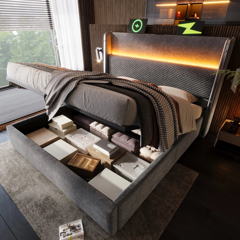 OKWISH Letto contenitore 160×200 cm, Letto Matrimoniale con LED Regolabile, USB, Tipo C e Testiera Alta, con Materasso, in Lino, Grigio