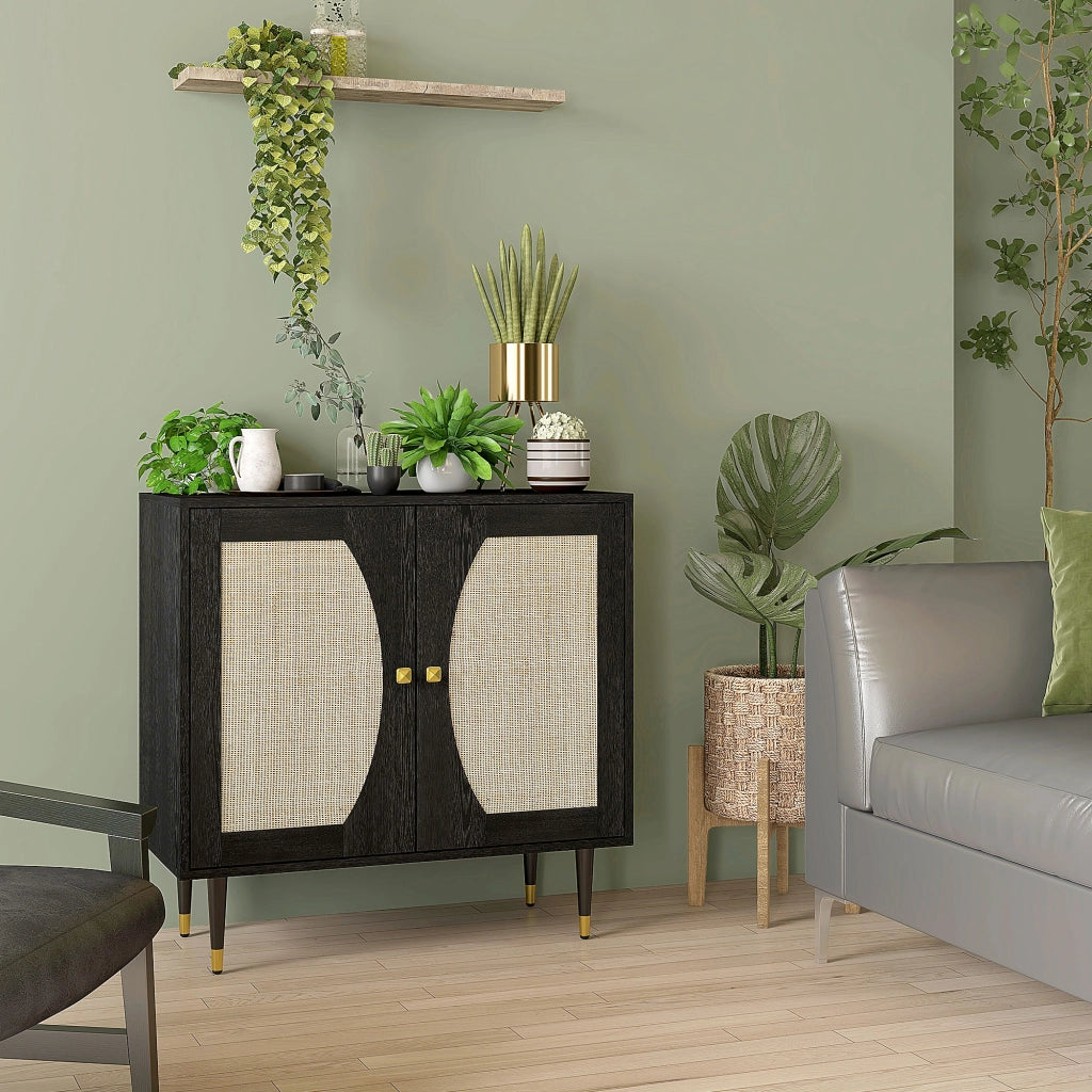 Credenza design con ante in rattan ¨C zephmum ¨C 80x38x79 cm nero