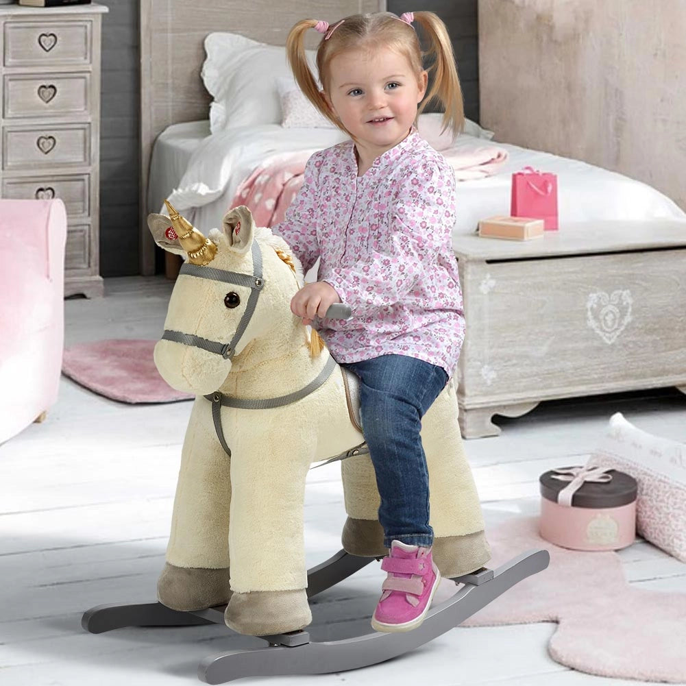 Cavallo a Dondolo Unicorno Beige in Peluche con Suoni Realistici Base in legno 3+