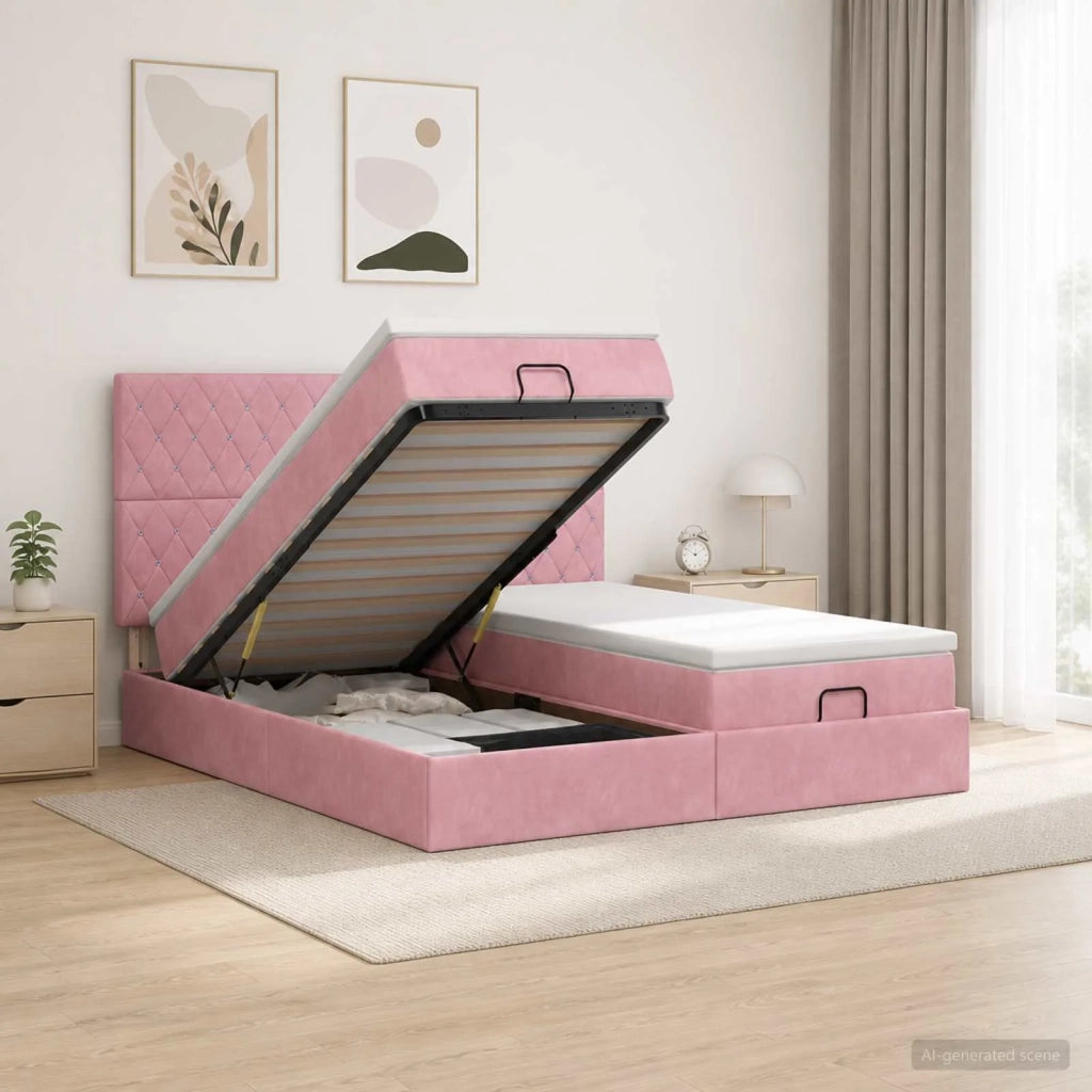 Letto Ottomano con Materasso e LED Rosa 160 x 200 cm Velluto 3458477