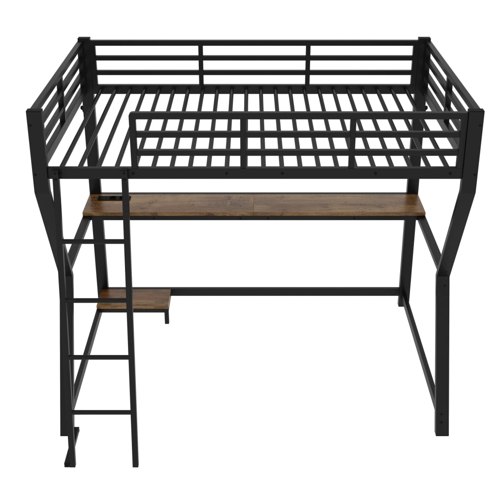 Letto a soppalco 90x200 cm con LED; scrivania e prese USB; metallo nero (Senza materasso)