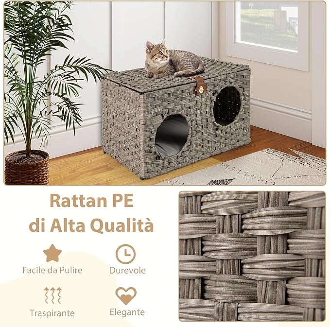 Cuccia per Gatti in Rattan 60 x 35 x 35 cm, Casetta per Gatti con Cuscino Morbido Rimovibile e Coperchio Bloccabile, Comodino per Animali Domestici per Soggiorno e Camera da Letto
