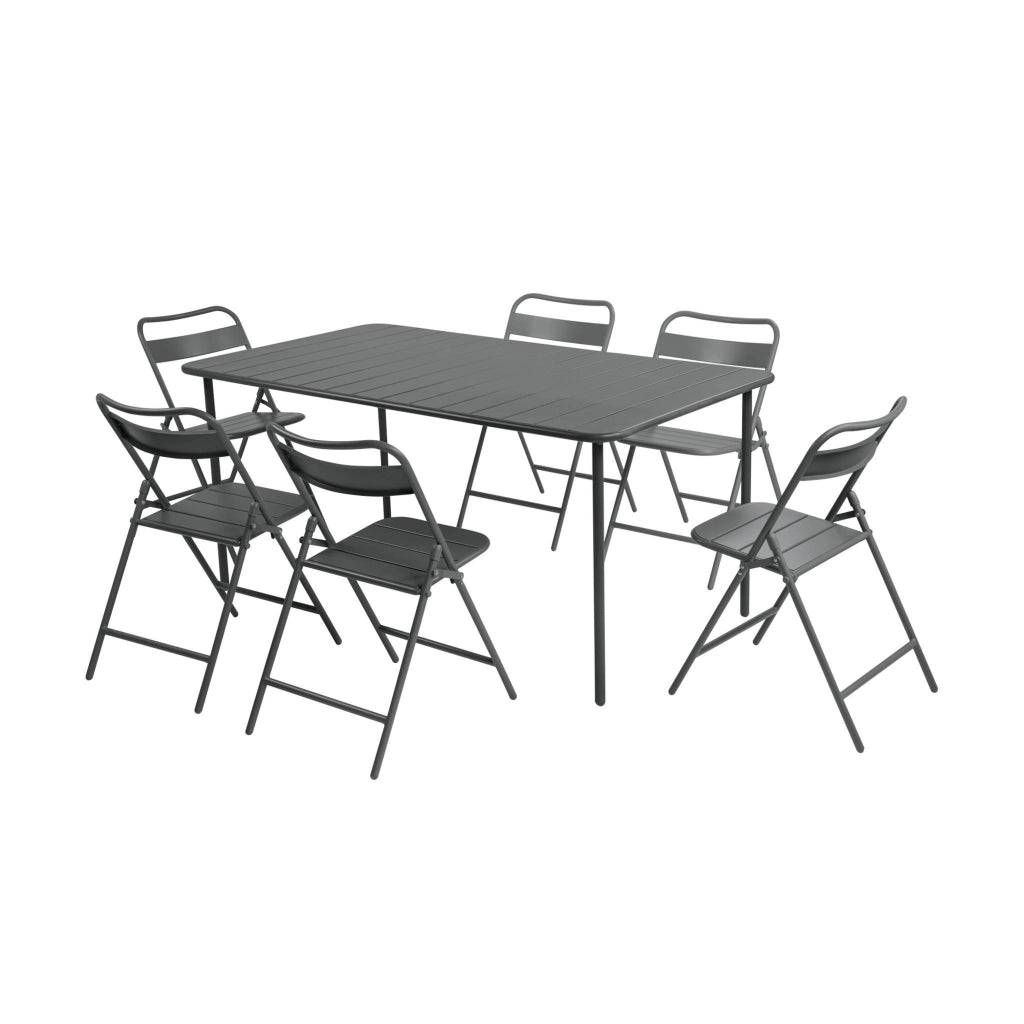 Set tavolo da giardino in acciaio con 6 sedie pieghevoli, 160cm,