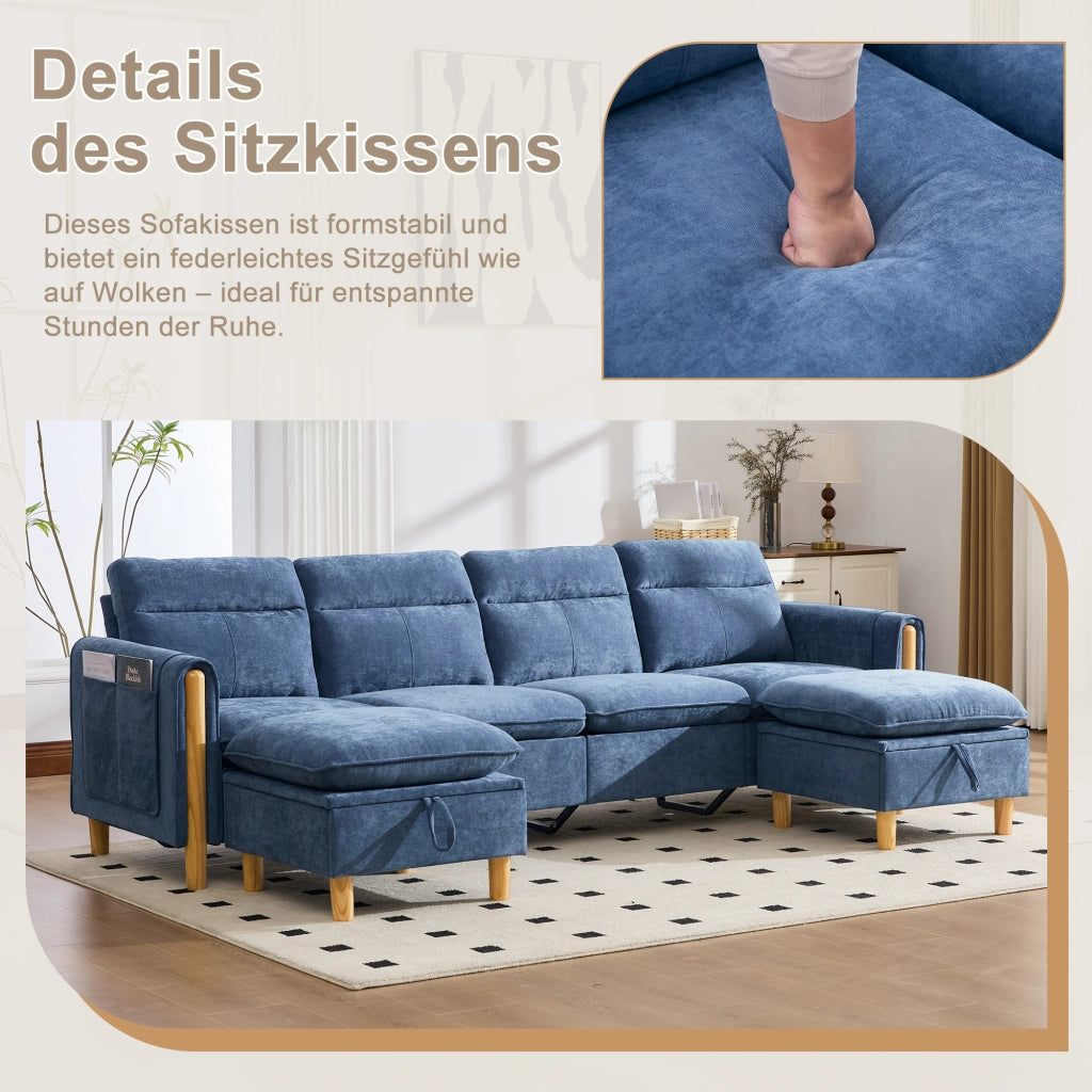 Divano panoramico a U modulare con 2 pouf contenitore e tasche laterali in chenille blu 261 × 77 × 86 cm