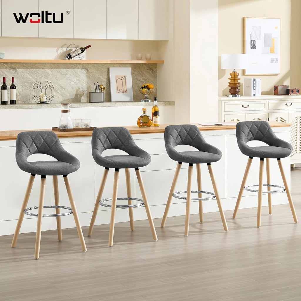 Sgabelli da Cucina Set di 4, Sgabello da Bar per Colazione, Sgabelli Alti con Poggiapiedi e Schienale, Sedile in Lino+Gambe in Legno, Grigio Scuro, BH111dgr-4