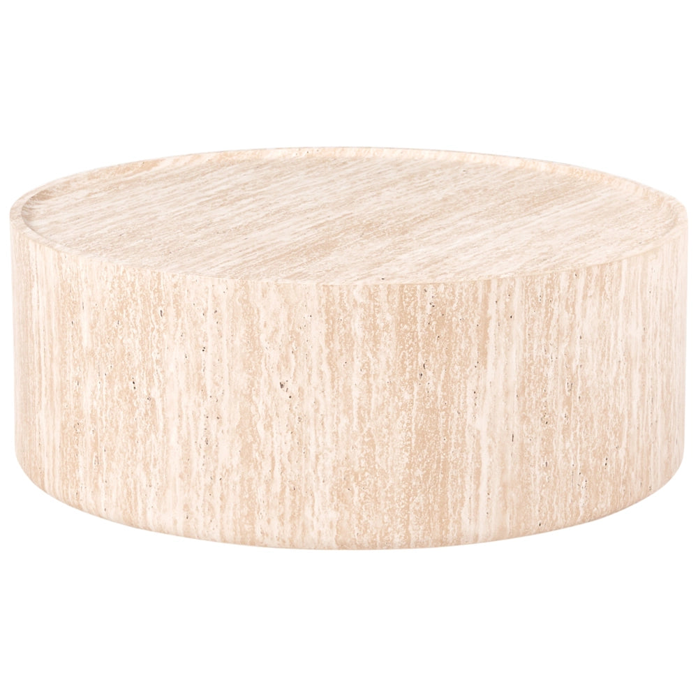 Tavolino in MDF con effetto travertino e impiallacciatura in carta, forma rotonda, per soggiorno, stile moderno