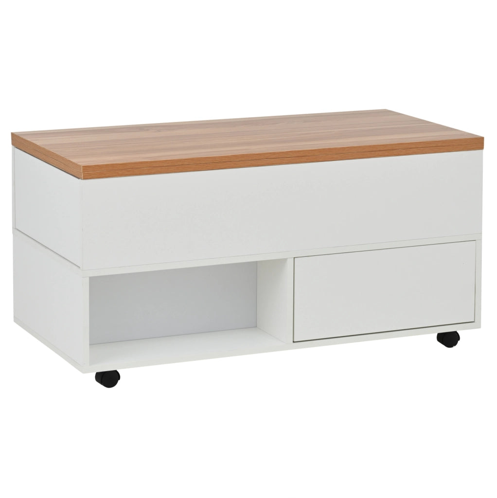 Tavolino da caffè 100x50x52 cm con piano sollevabile; 4 cassetti; ruote; truciolare bianco e naturale