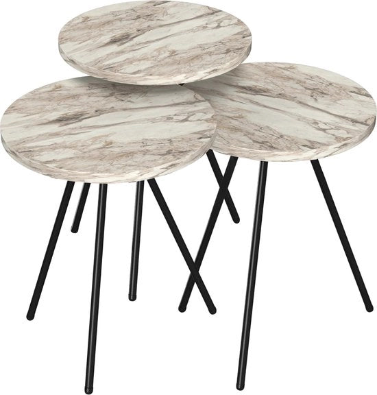 Tavolo da giardino Hendrix - Set da 3 pezzi - Rond - Marmo bianco e nero - Laminato e metallo - Design elegante