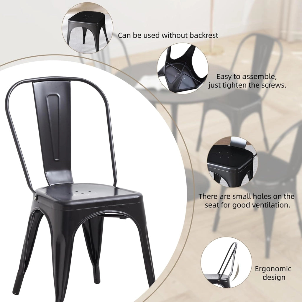 GrandCA HOME Set di 8 Sedie Industriali in Metallo, Sedie da Pranzo Impilabili in Stile Vintage, Adatte per Sedie da Giardino per Esterni o Interni Sedie da Patio, Nero
