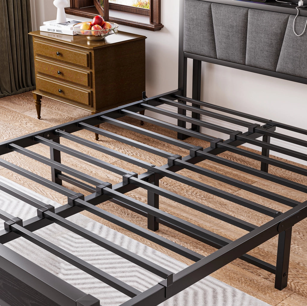 Letto ULEVR 140x190 cm con testiera contenitore, LED, 2 USB e presa, struttura in metallo e MDF nera