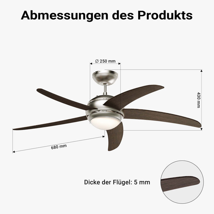 Ventilatore da soffitto Ø 136 cm con 5 pale, lampadario ventilatore con 3 velocità, telecomando, timer, modalità estiva e invernale, 70 W