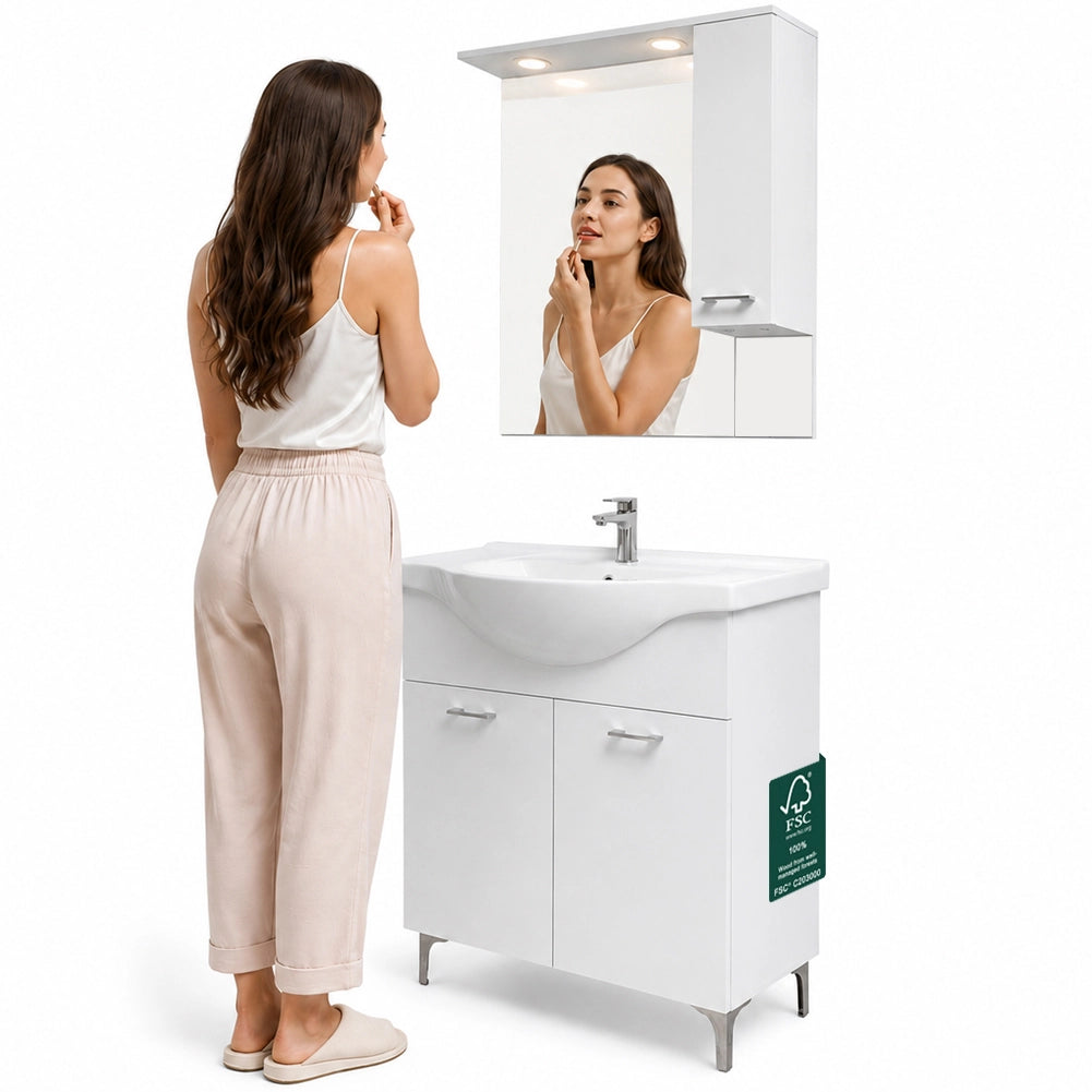 Set Completo Mobile da Bagno da Terra 85 cm con Due Ante Bianco Specchio e Accessori