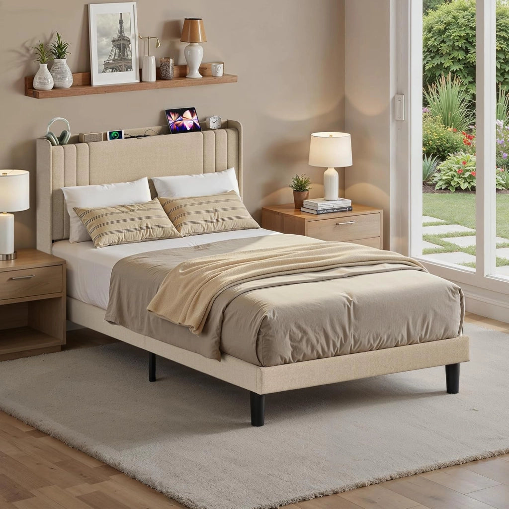 Letto imbottito con luce LED 120 x 200 cm，Piattaforma Struttura letto (2 Prese CA 2 Porte USB), Per le camere degli ospiti e le camere da letto (Beige, 120 x 200 cm)