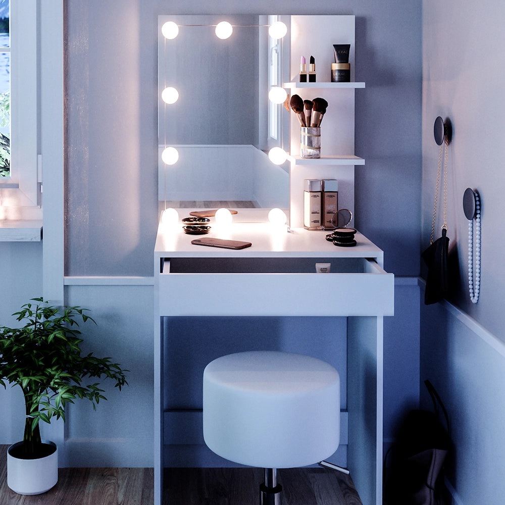 Vicco Tavolo da toeletta Bianco 60 cm con illuminazione LED e sgabello