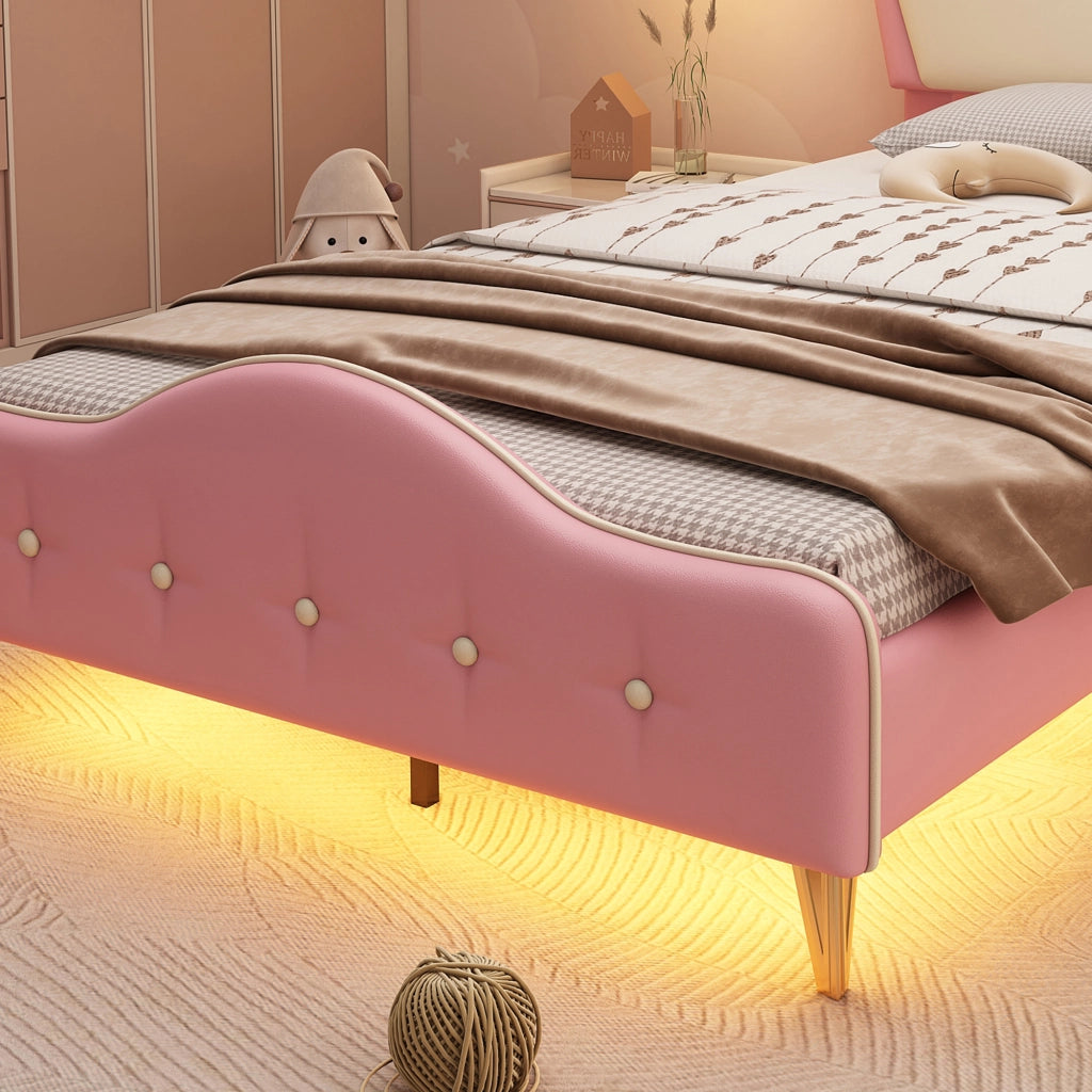 Letto per Bambini 90 x 200 cm; Letto Singolo - LED e Bordi Morbidi - PU Rosa e Bianco