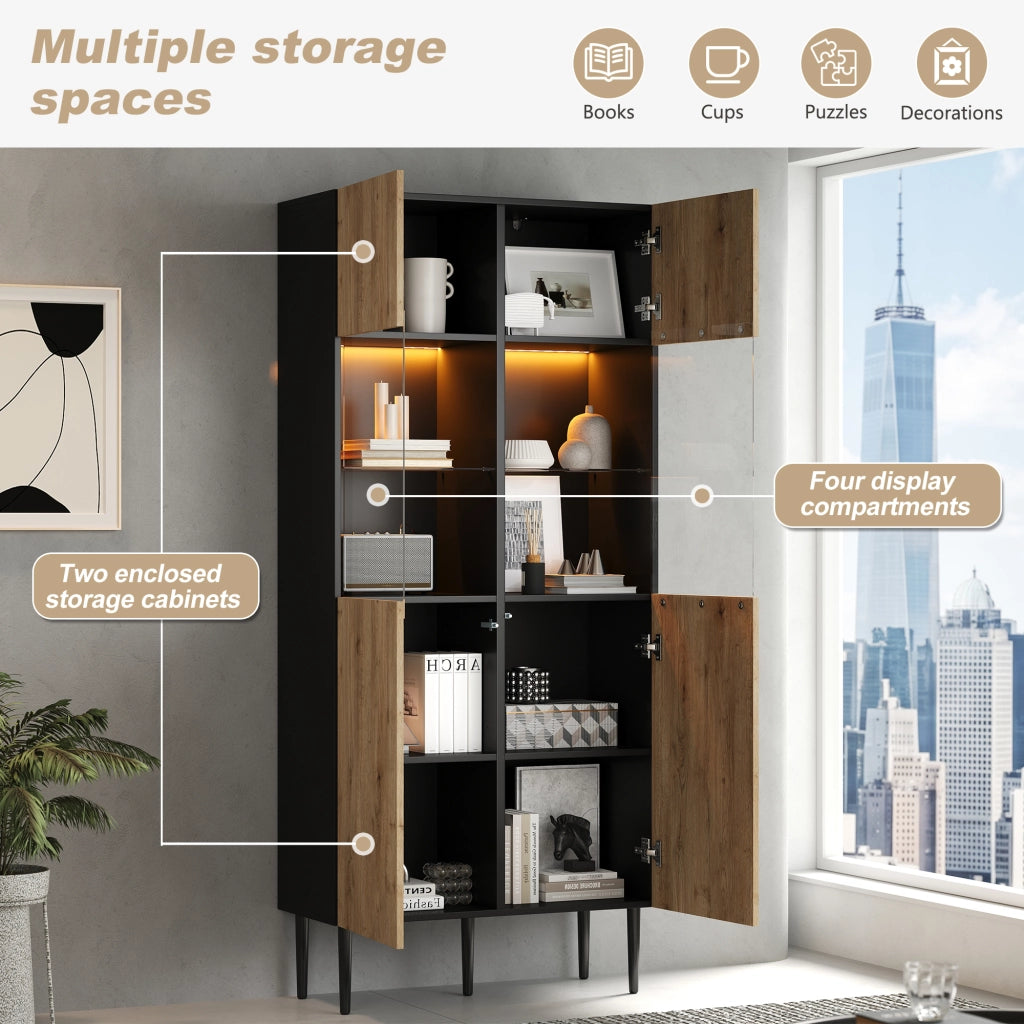 Credenza e madia con 2 ante in vetro temperato, 10 vani, LED, per soggiorno, nero e legno naturale, 80 × 35 × 180 cm