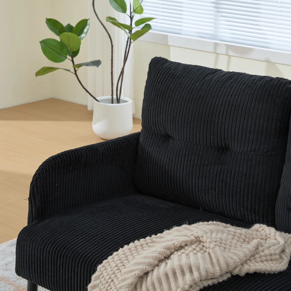 Divano 3 posti in corduroy nero con tasca laterale; struttura in metallo; 171 x 72 x 80 cm