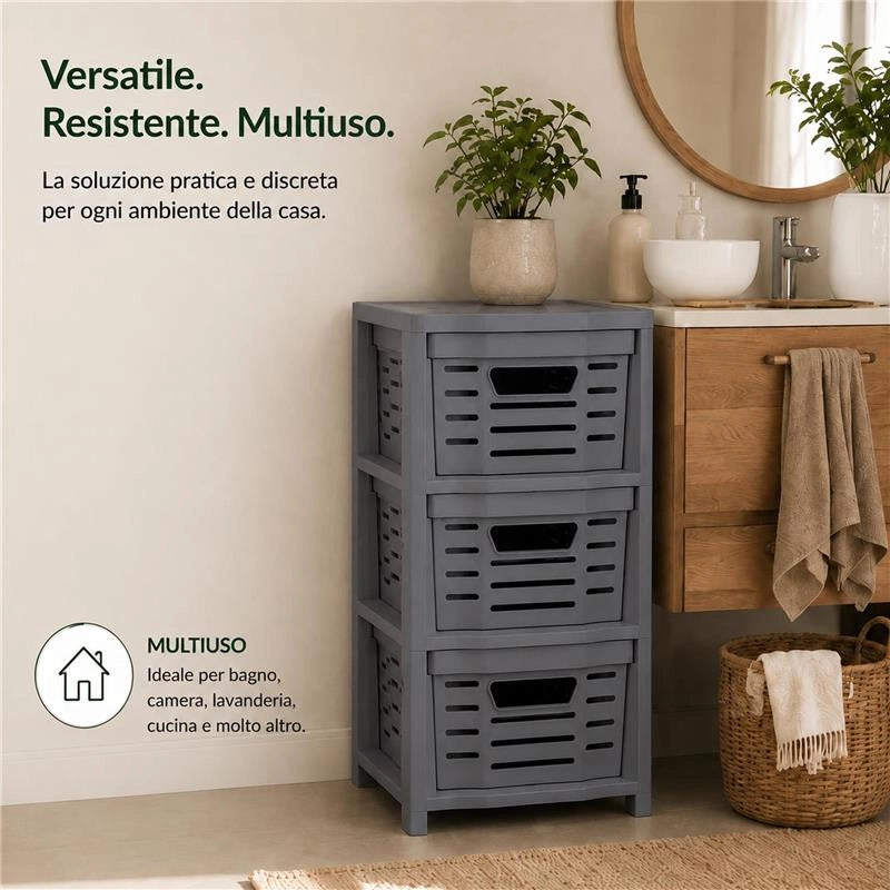 CASSETTIERA  MULTIUSO IN POLIPROLPILENE CON 3 CASSETTI , DOPPIA APERTURA E RUOTE - 365X28,5X51,5  CM COLORE GRIGIO
