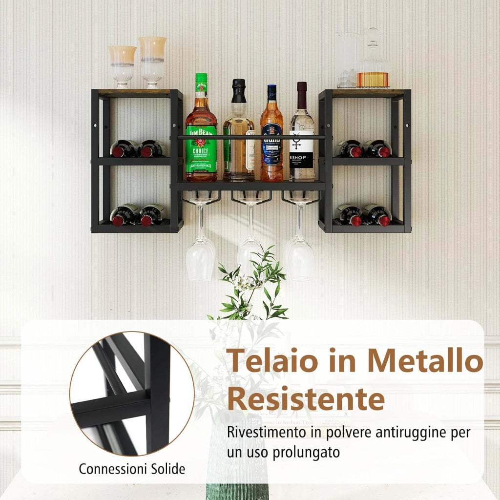 Portabottiglie da Parete con Porta Bicchieri, Struttura in Metallo per 8 Bottiglie con Ripiano Aperto, Scaffale da Muro a 3 Livelli per Sala da Pranzo e Cucina, 89 x 25 x 40 cm