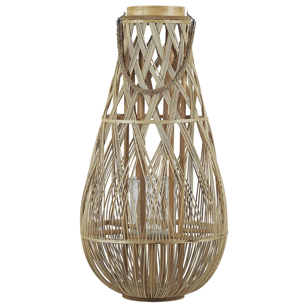 Lanterna leggera in legno di bambù e vetro 77 cm Portacandele intrecciato per interni ed esterni Boho scandinavo