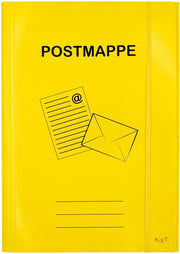 Posta DIN A4 in cartone rigido, colore giallo, con cinturino elastico ampio e 3 clip interne