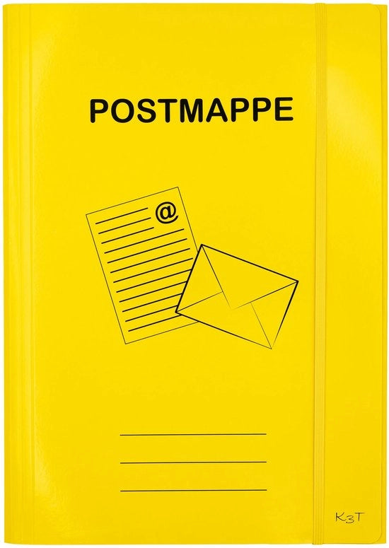 Posta DIN A4 in cartone rigido, colore giallo, con cinturino elastico ampio e 3 clip interne