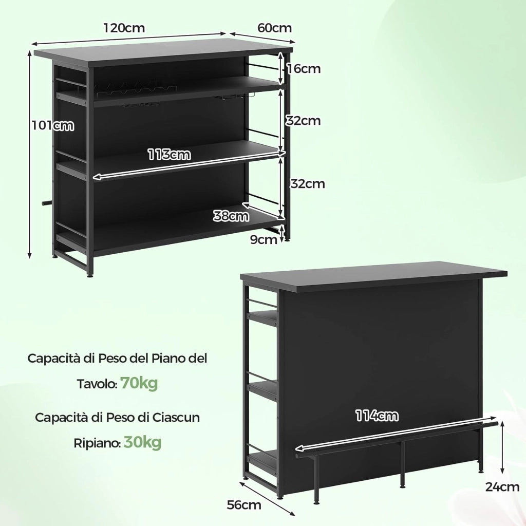 Isola per Cucina con Ampio Piano di Lavoro, Mobile da Cucina con 3 Ripiani Aperti, Poggiapiedi e Piedini Regolabili, Struttura in Metallo, per Cucina, Soggiorno, 120 x 60 x 101cm (Nero)