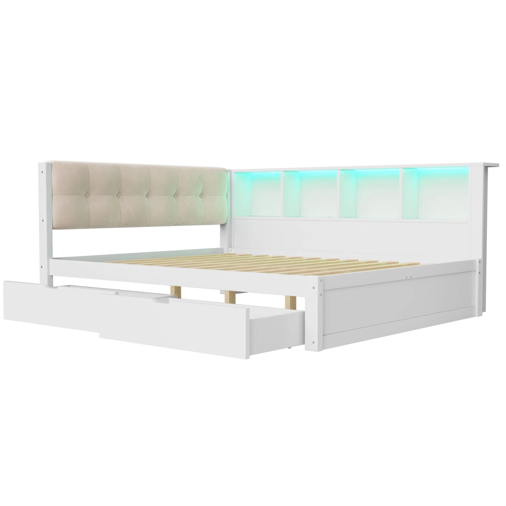Letto a Divanetto 140x200 cm; Letto Singolo - 2 Cassetti; USB; LED e Mensole; Bianco