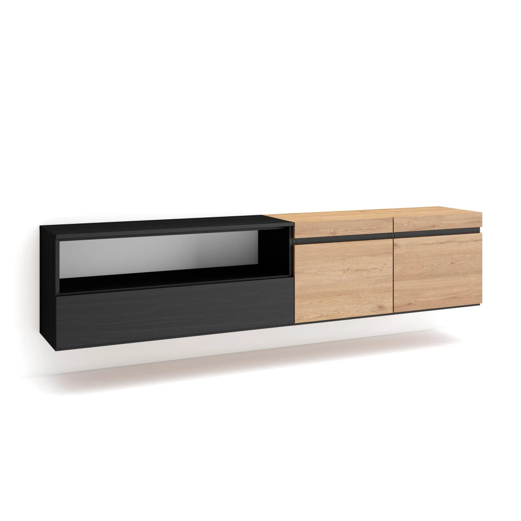 Mobile TV, 200x35x45cm, soggiorno, Per TV fino a 80", da appendere, colore Rovere e nero RF2252