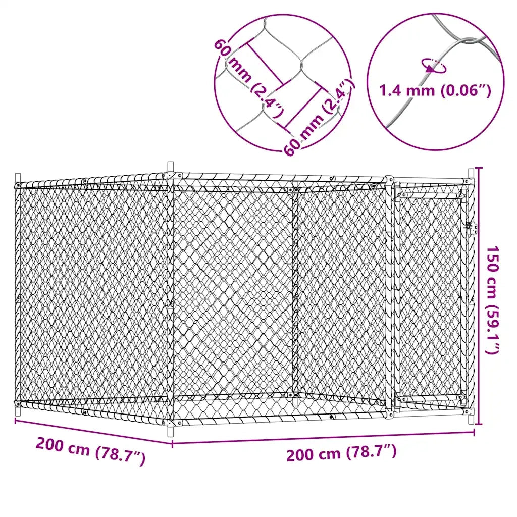 Gabbia per Cani-Cassa per cani con Porta Grigia 2x2x1,5 m in Acciaio Zincato