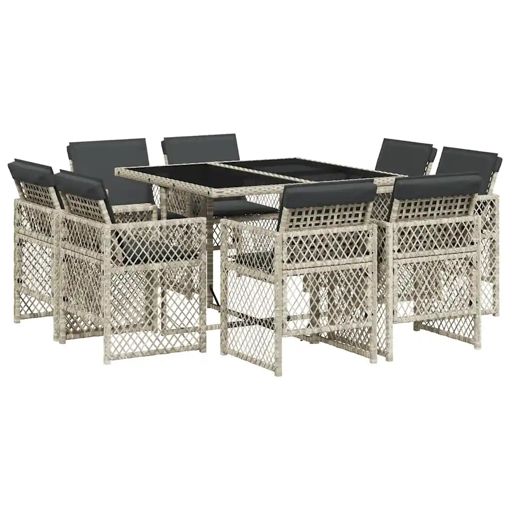Set Pranzo da Giardino 9pz con Cuscini Grigio Chiaro Polyrattan