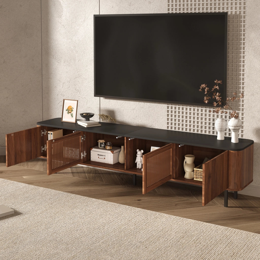 Mobile Porta TV con 2 Ante a Griglia e Vani Aperti; Stile Moderno; per Soggiorno; in MDF e Pannello Truciolare; Noce; 190??35??45 cm