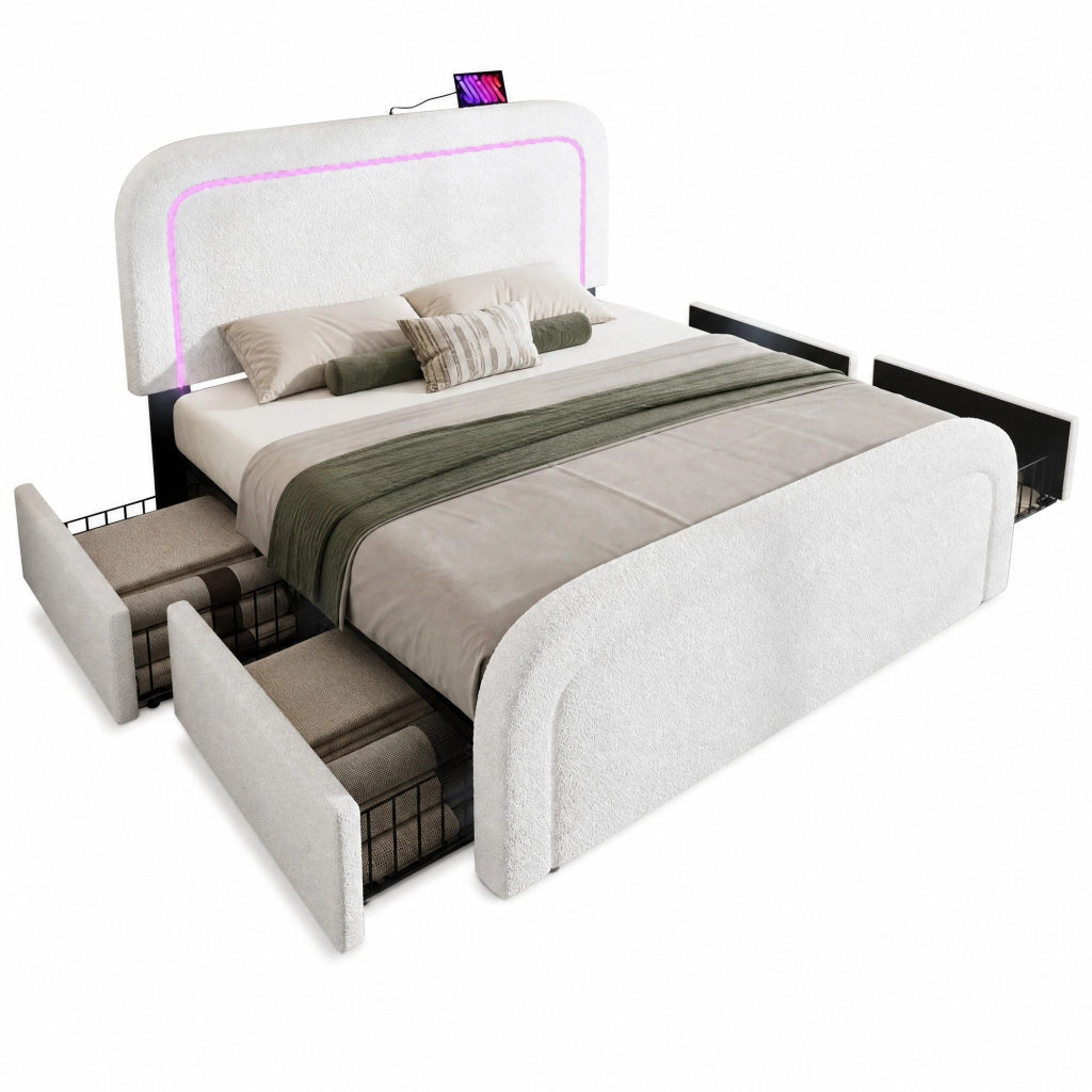 Letto matrimoniale imbottito 160x200 cm in Sherpa bianco con USB Type-C; LED e 4 cassetti