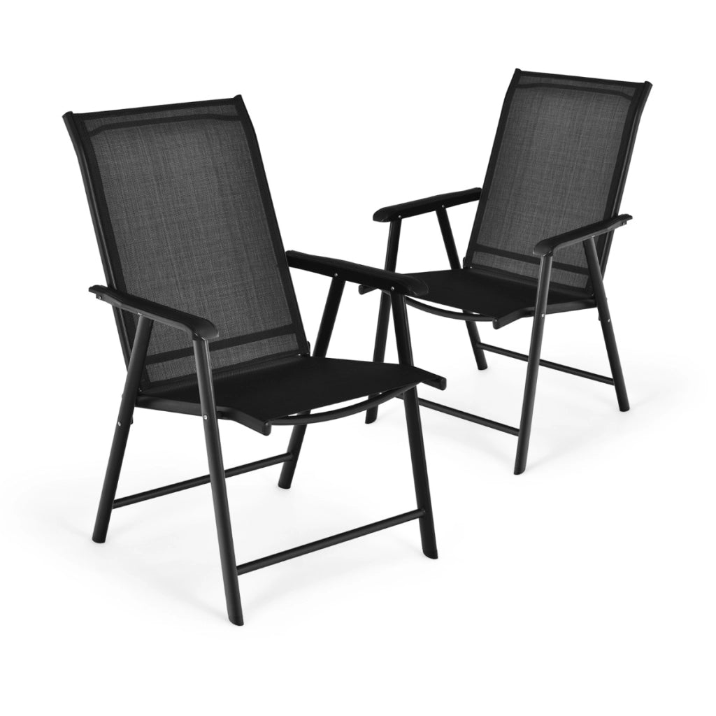 Set di 2 sedie pieghevoli e portatili da esterno per campeggio e spiaggia, Sedie per veranda con braccioli Nero-Sedie da esterno